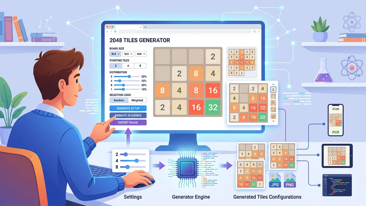 2048 Tiles Generator showing the sidebar controls with grid size presets, mode selection, and tile value picker for manual placement