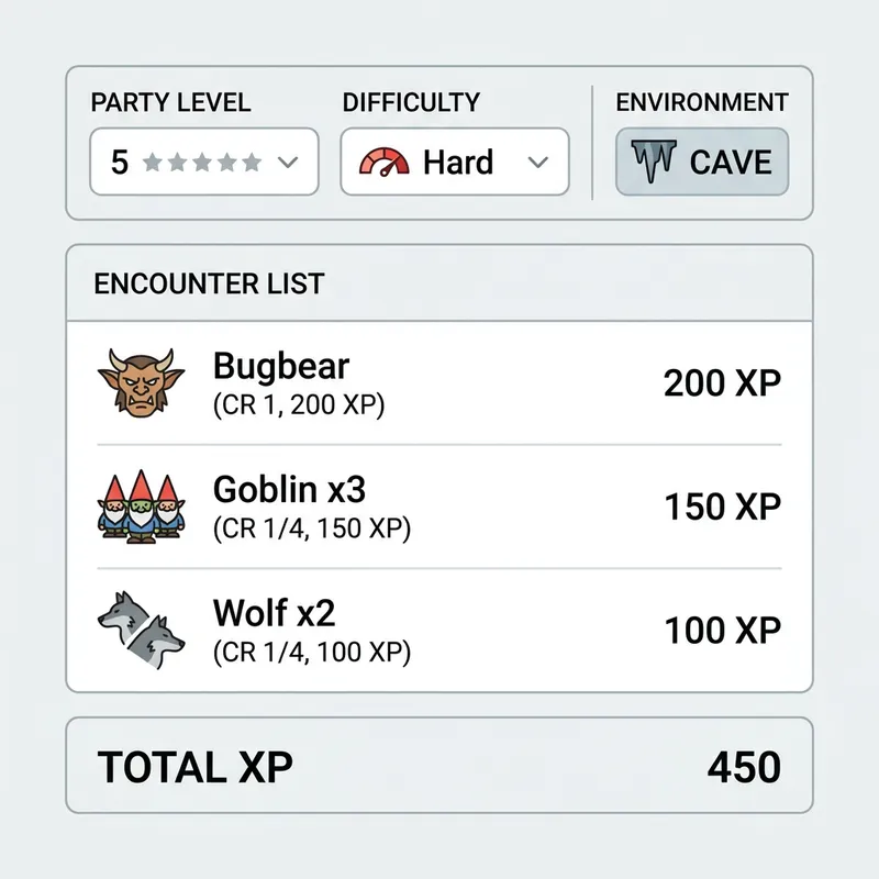 5e Encounter Generator showing XP budget breakdown with monster CR ratings and difficulty tier