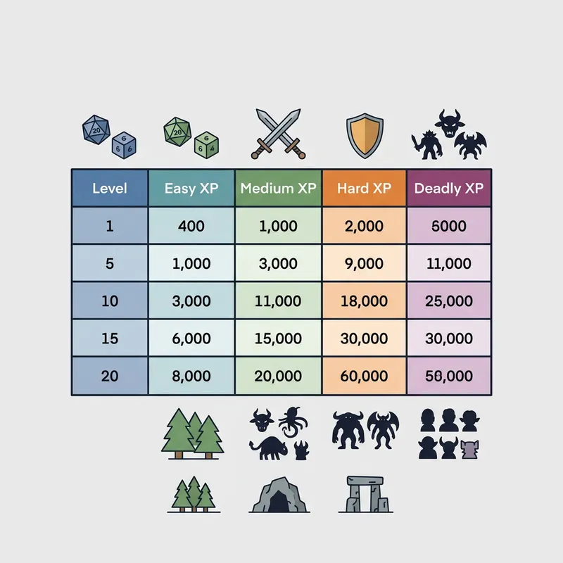 D&D Challenge Rating chart showing CR levels, XP values, and monster type examples