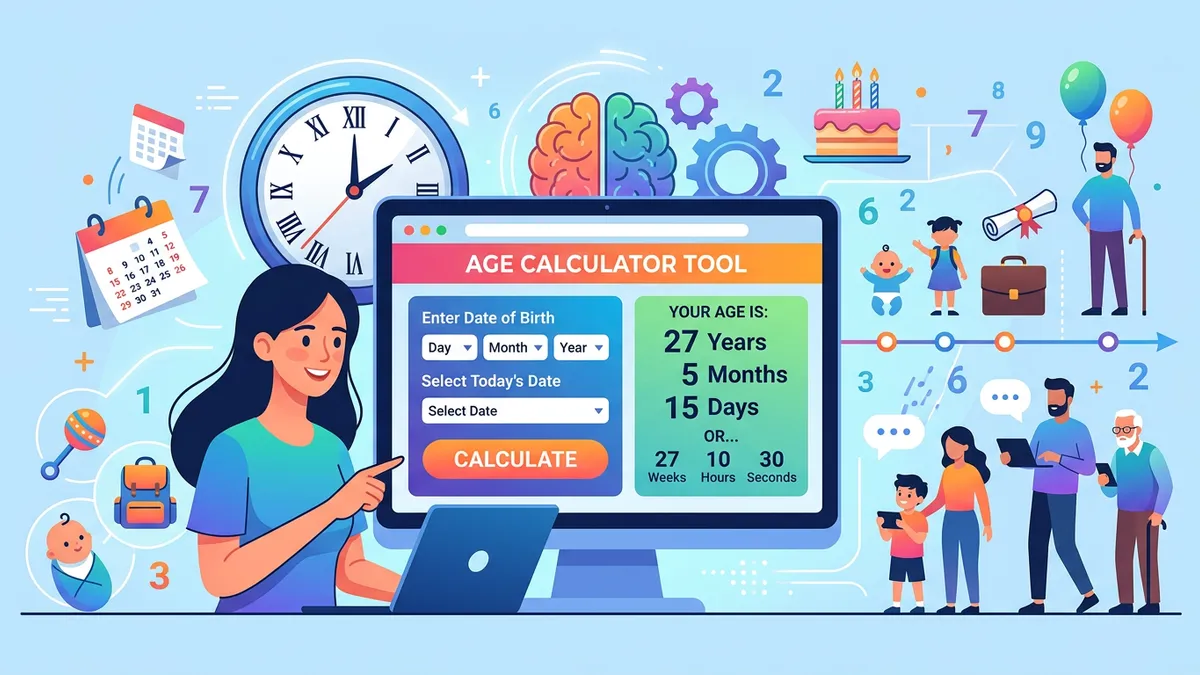 Age calculation visualization showing exact age breakdown in years, months, weeks, days, hours, and minutes