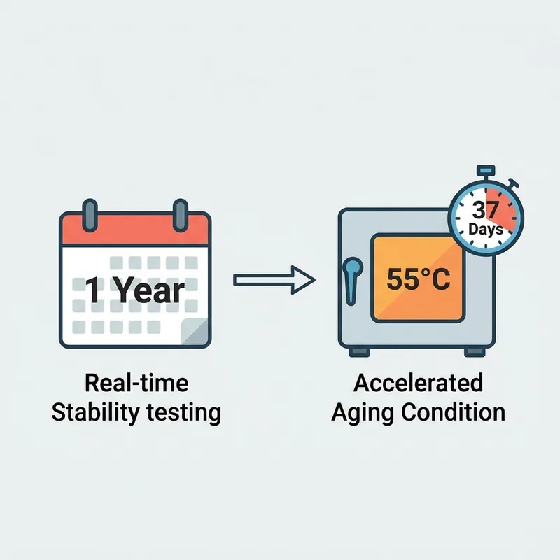 Diagram showing the timeline comparison of 365 days real-world shelf life versus 45 days in an oven chamber