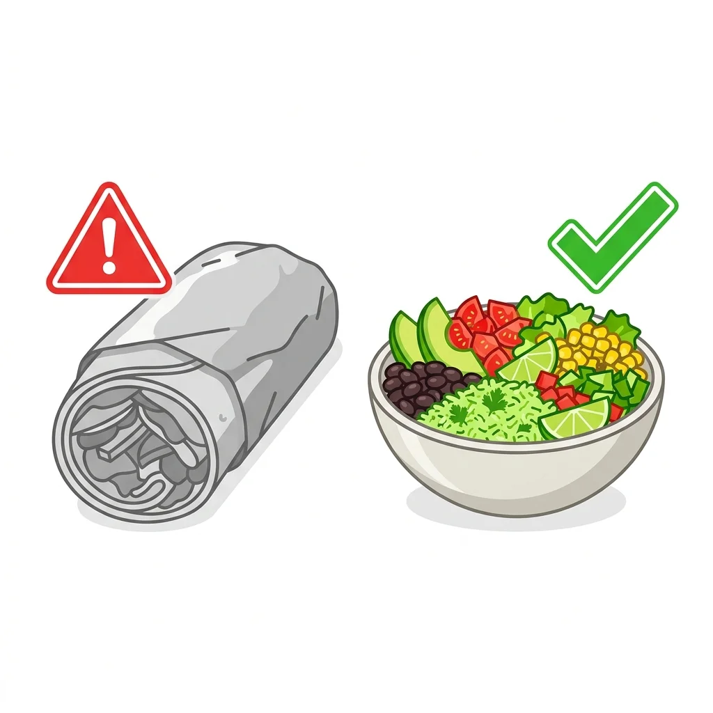 Vector illustration comparing a wrapped flour burrito with a warning alert to a healthy green burrito bowl with a check mark