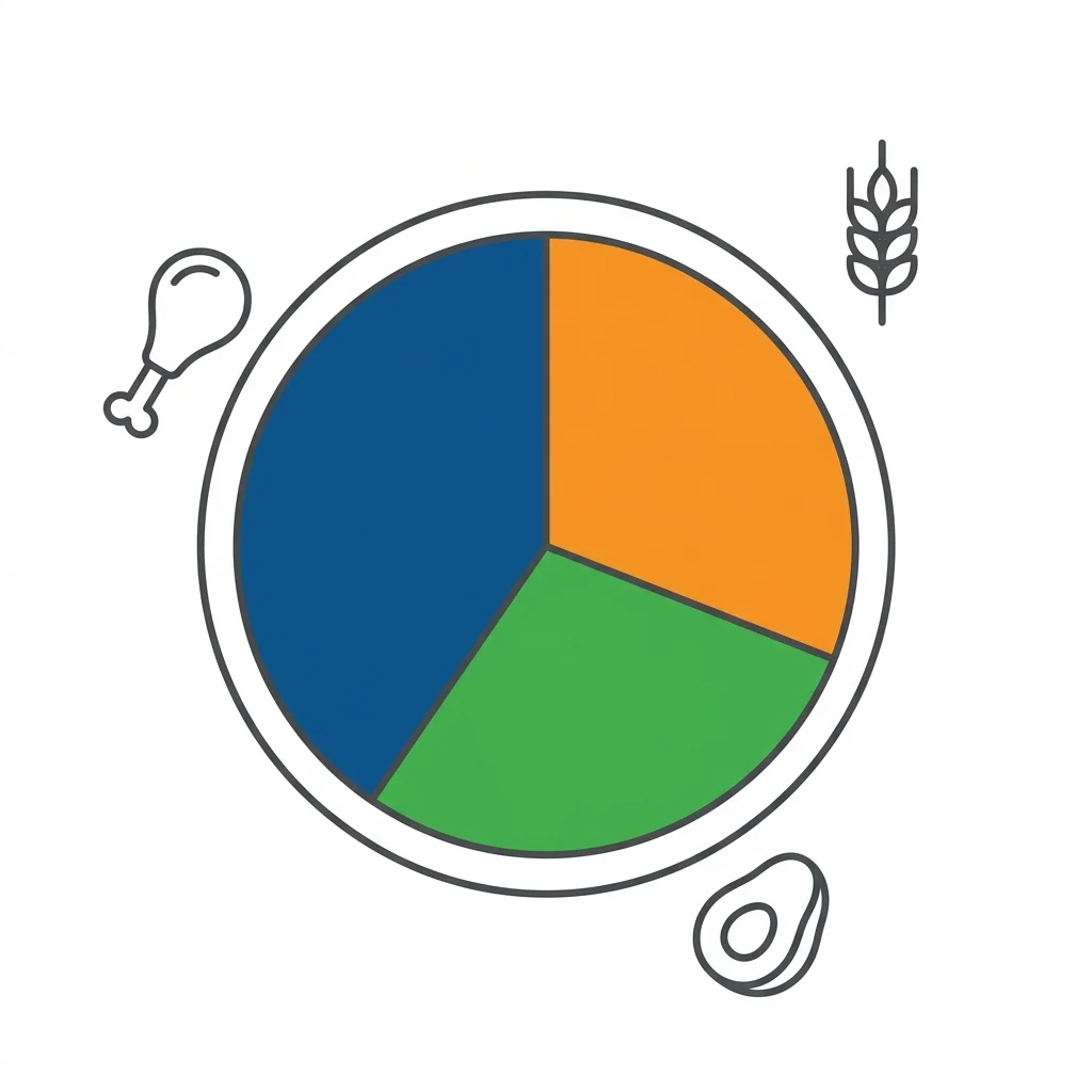 Vector illustration of a nutritional plate divided into three sections representing protein, carbs, and fat alongside simple icons of a chicken leg, wheat, and avocado