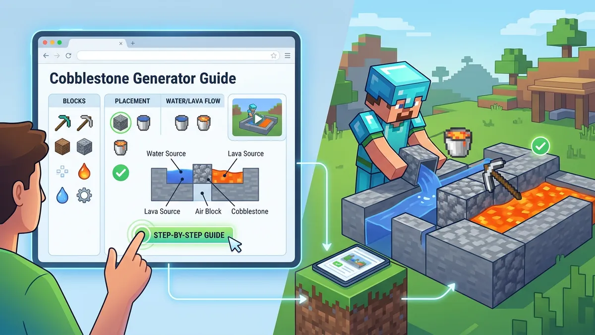 Minecraft cobblestone generator showing water and lava meeting to form cobblestone block