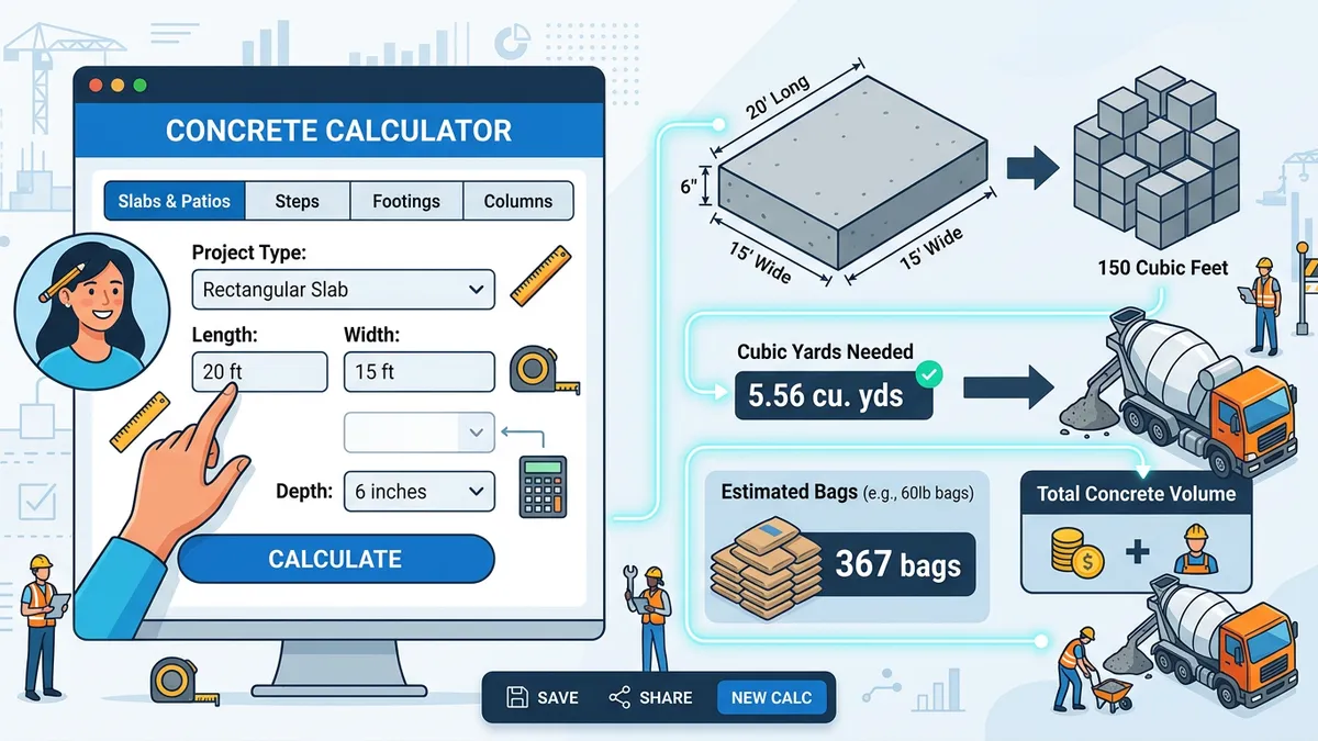 Concrete volume calculation diagrams for slabs, footings, and cylindrical columns