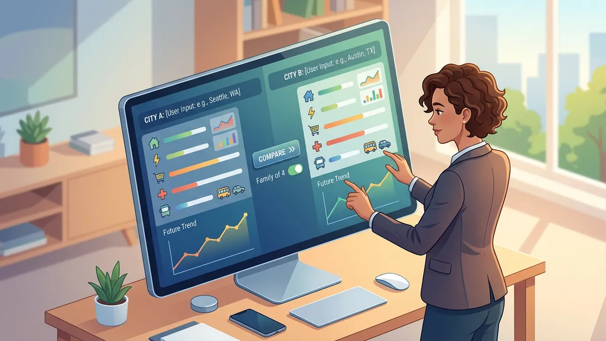Housing cost comparison chart across major US cities showing rent and home prices