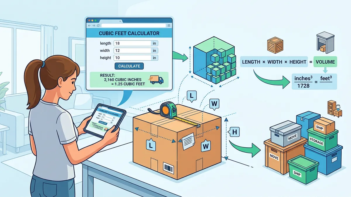 Cubic feet calculation diagram showing length, width, and height measurements