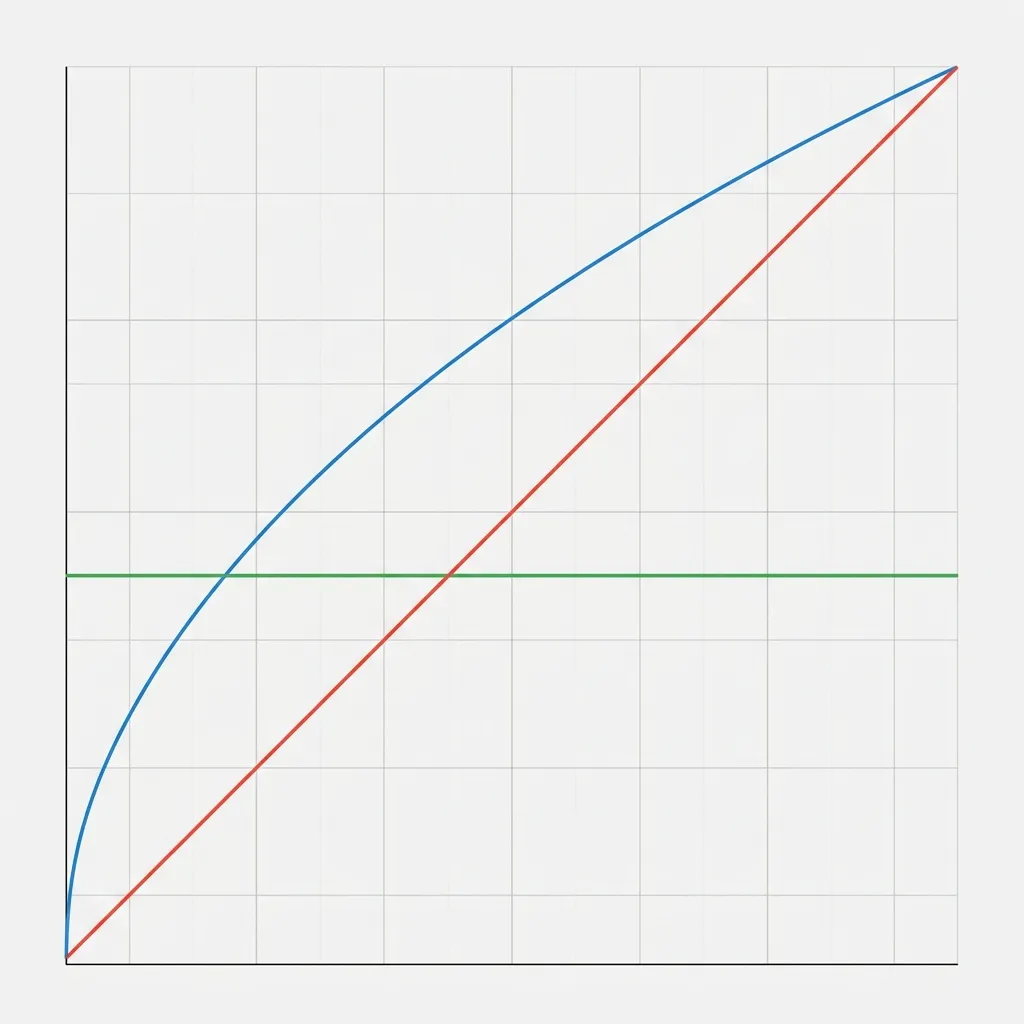 A technical line chart comparing grade curve formulas: square root, flat point addition, and linear mapping curves