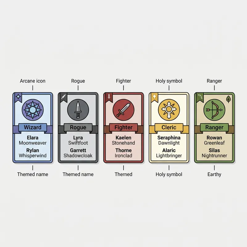 D&D Character Generator showing class-themed character names for Wizard, Rogue, and Fighter archetypes