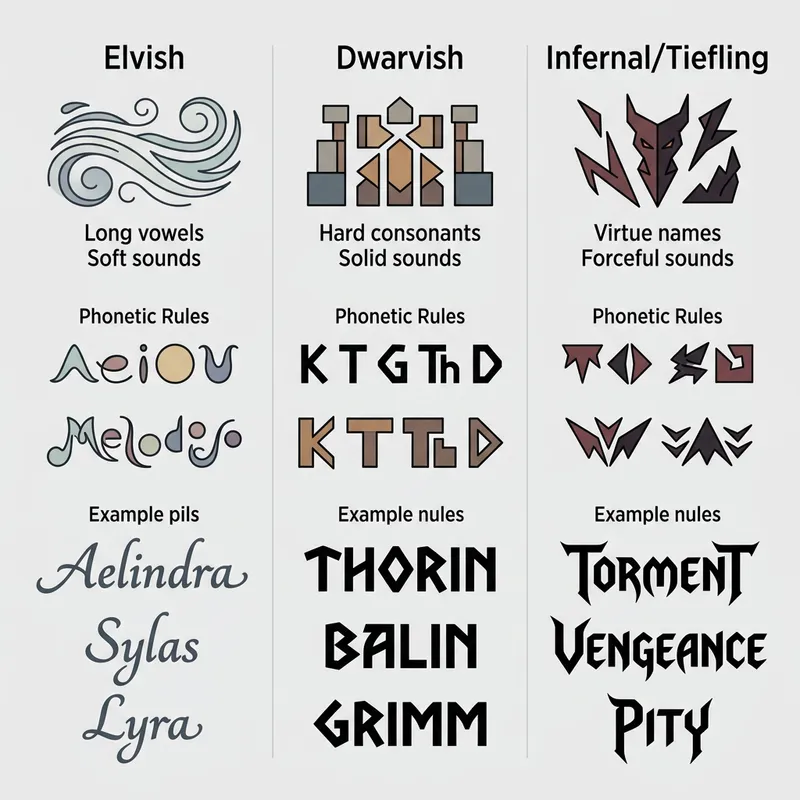 D&D Name Generator showing race-specific names with phonetic naming patterns