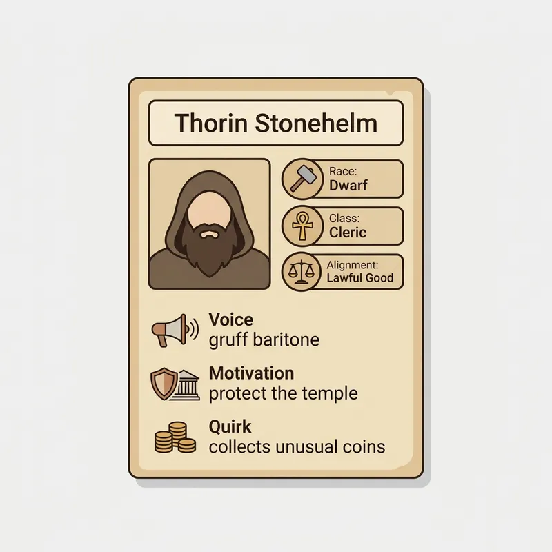 DnD NPC Generator showing a complete character sheet with race, class, alignment, voice trait, and motivation