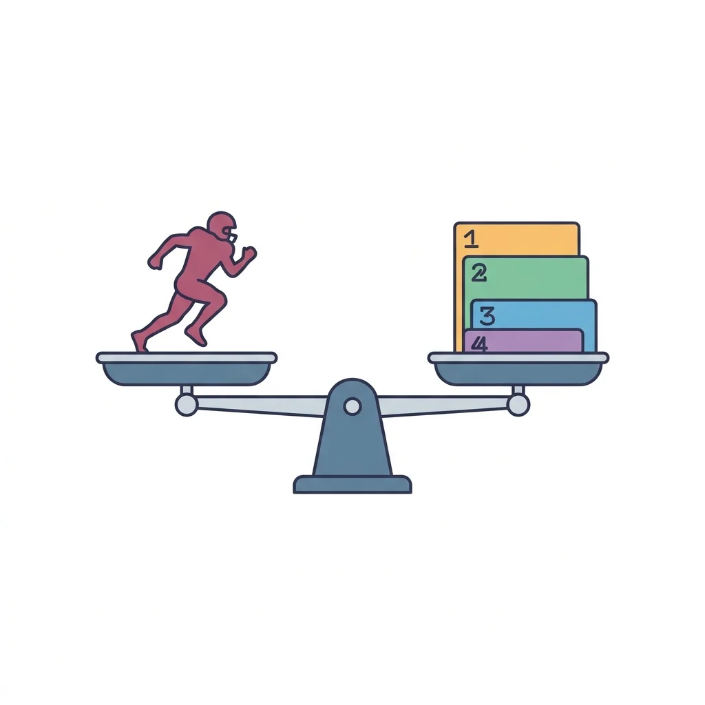 Vector illustration of a balancing scale comparing a football player card on the left side to multiple rookie draft pick cards on the right side