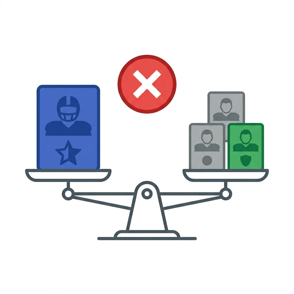 Vector illustration of a balancing scale showing one elite player card on one side vs three low-value player cards with a red cross icon to represent package tax and roster cuts