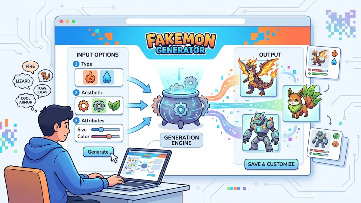 Fakemon Generator showing stat distribution and type-themed naming