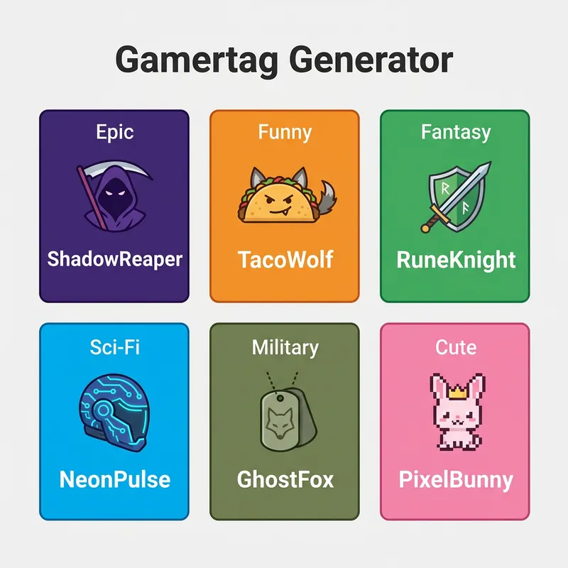 Gamertag Generator showing six style options with example tags for Epic, Funny, Fantasy, Sci-Fi, Military, and Cute