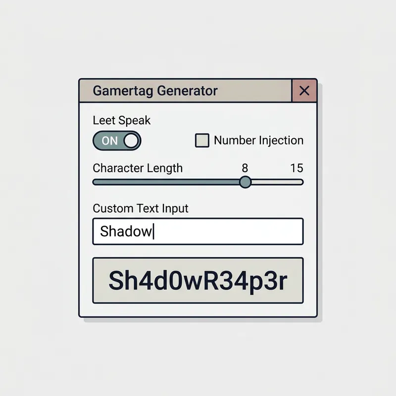 Gamertag customization panel showing leet speak toggle, number injection, custom word input, and character length slider
