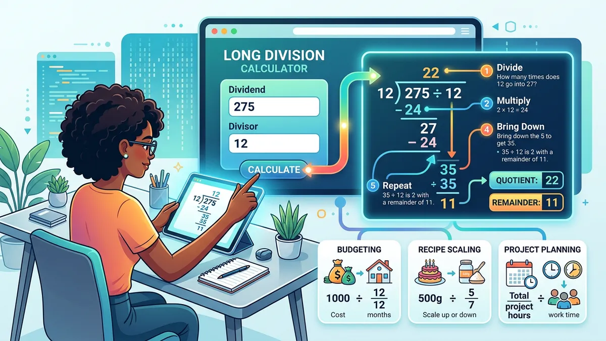 Step-by-step long division example showing divide, multiply, subtract, and bring down operations