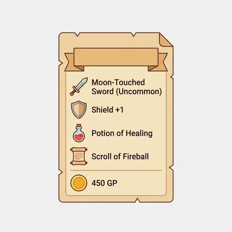 Loot Generator 5e showing a treasure haul with weapons, armor, potions, and gold across rarity tiers