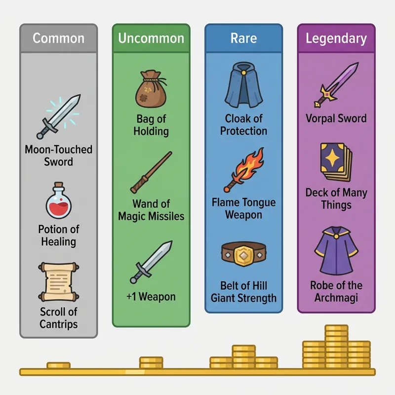 D&D 5e magic item rarity comparison showing Common, Uncommon, Rare, and Legendary tiers with example items
