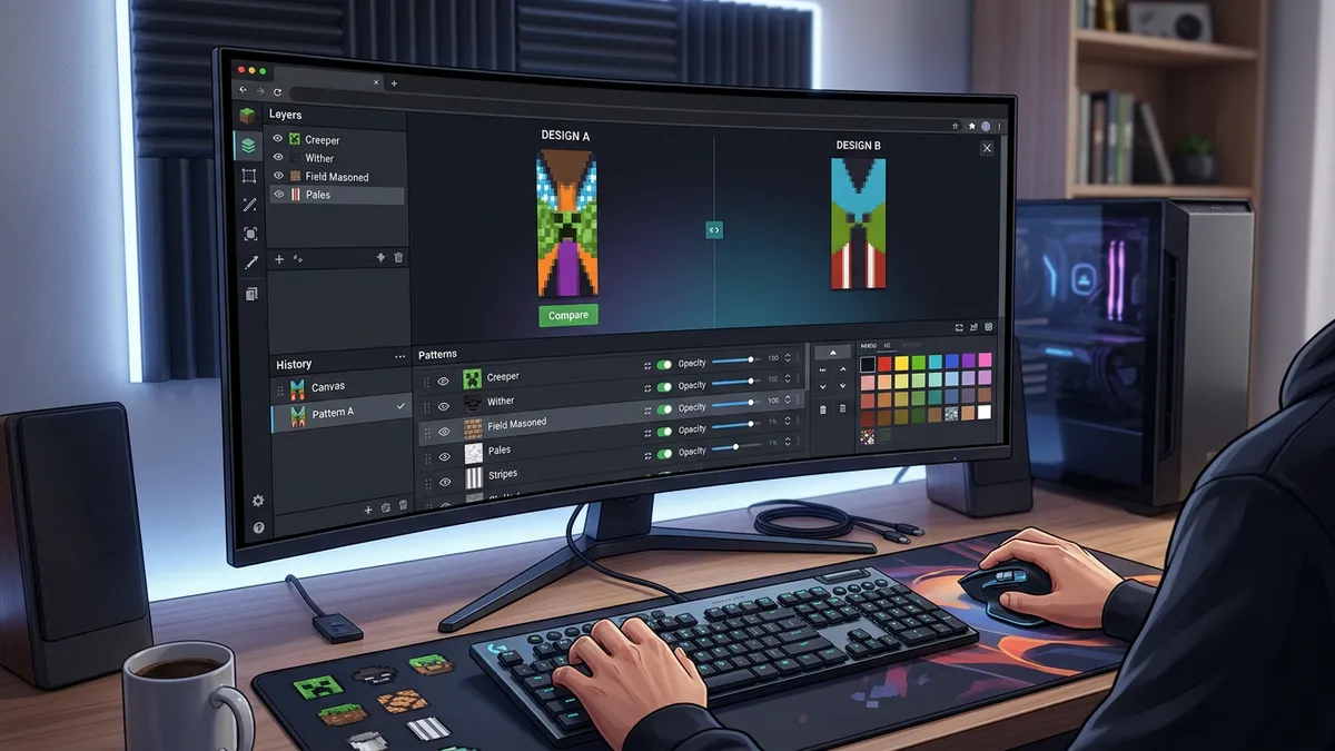 Various Minecraft banner designs including country flags, team logos, and decorative patterns