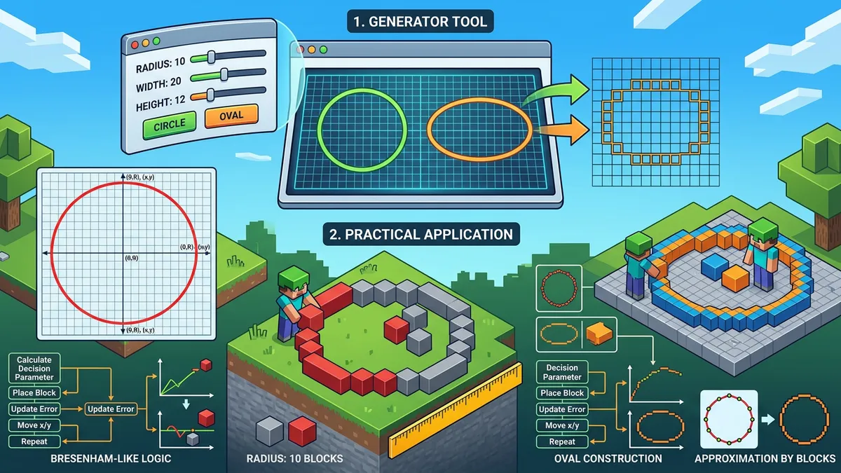 Minecraft Circle Generator sidebar controls showing diameter slider, presets, mode selector, and stats banner