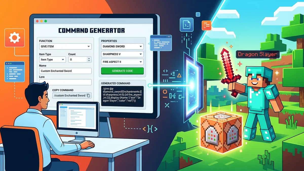 Minecraft Command Generator interface showing give command options