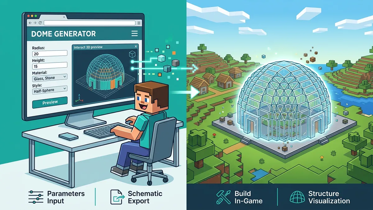 Minecraft Dome Generator tool showing layer-by-layer dome blueprint