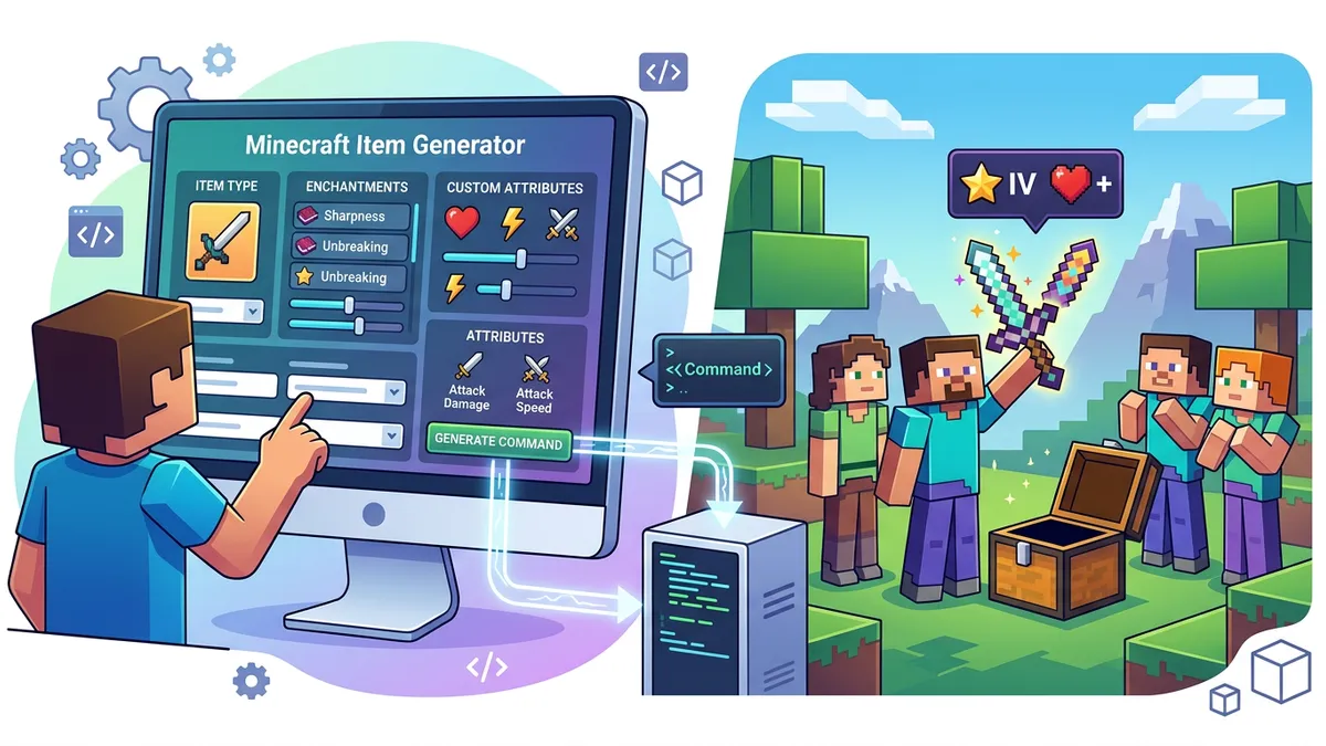 Minecraft Item Generator showing custom tooltip with enchantments and /give command output