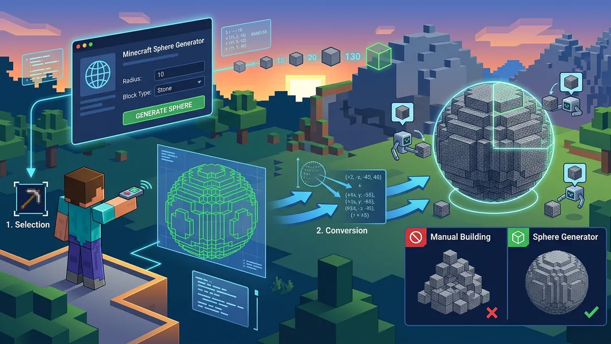 Minecraft Sphere Generator showing a layer-by-layer voxel sphere blueprint in the browser