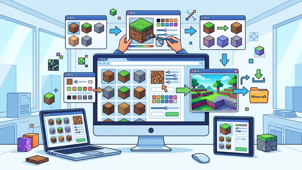 Minecraft Texture Generator pixel art editor showing brush tools, 3D preview, and Minecraft material palette