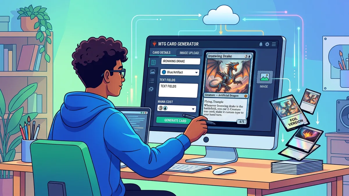 MTG Card Generator interface showing card design controls and live preview