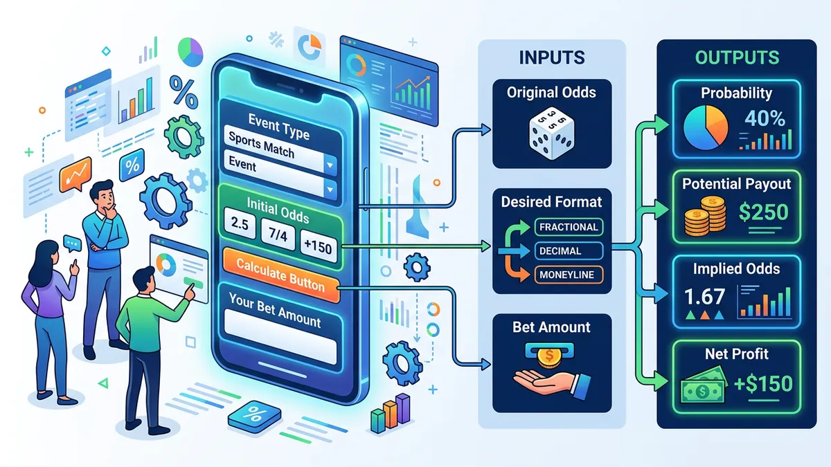 Odds conversion chart showing American, decimal, and fractional formats with implied probability