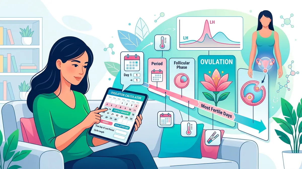 Menstrual cycle diagram showing follicular, ovulation, and luteal phases with hormone levels