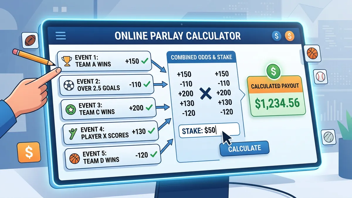Parlay payout chart showing odds, payouts, and win probabilities for 2–10 leg bets