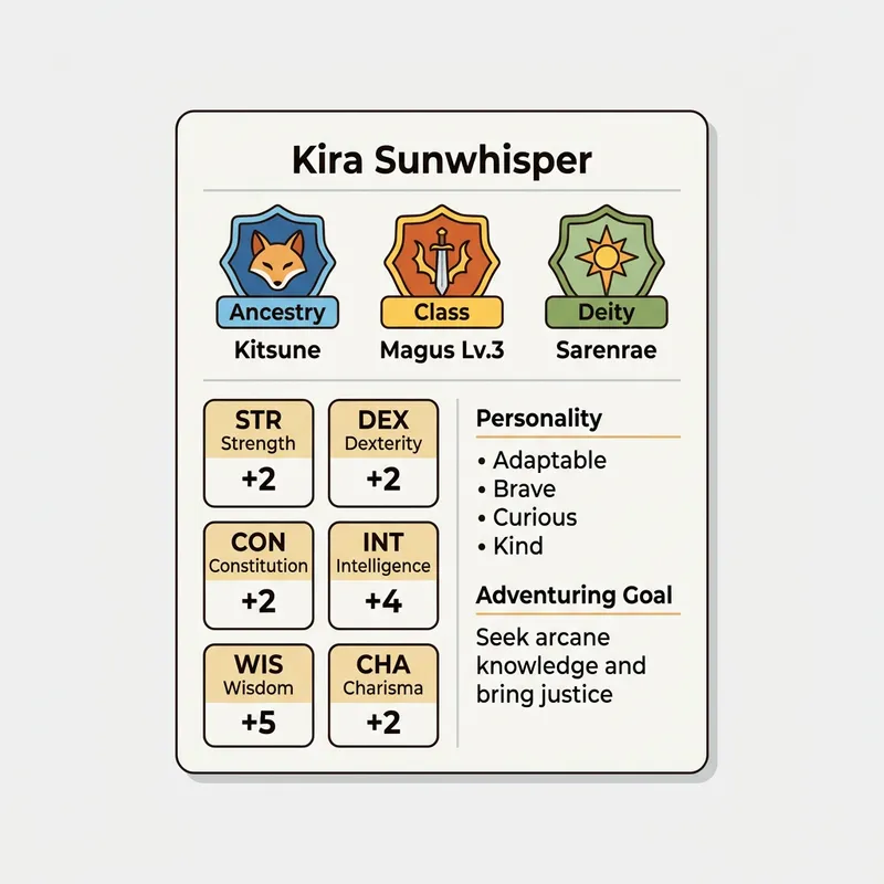 Pathfinder Character Generator showing a complete character sheet with ancestry, class, ability scores, and personality