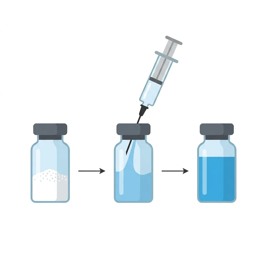 Vector diagram showing the three steps of peptide reconstitution: dry freeze-dried powder, diluent injected slowly via syringe, and fully dissolved active liquid solution