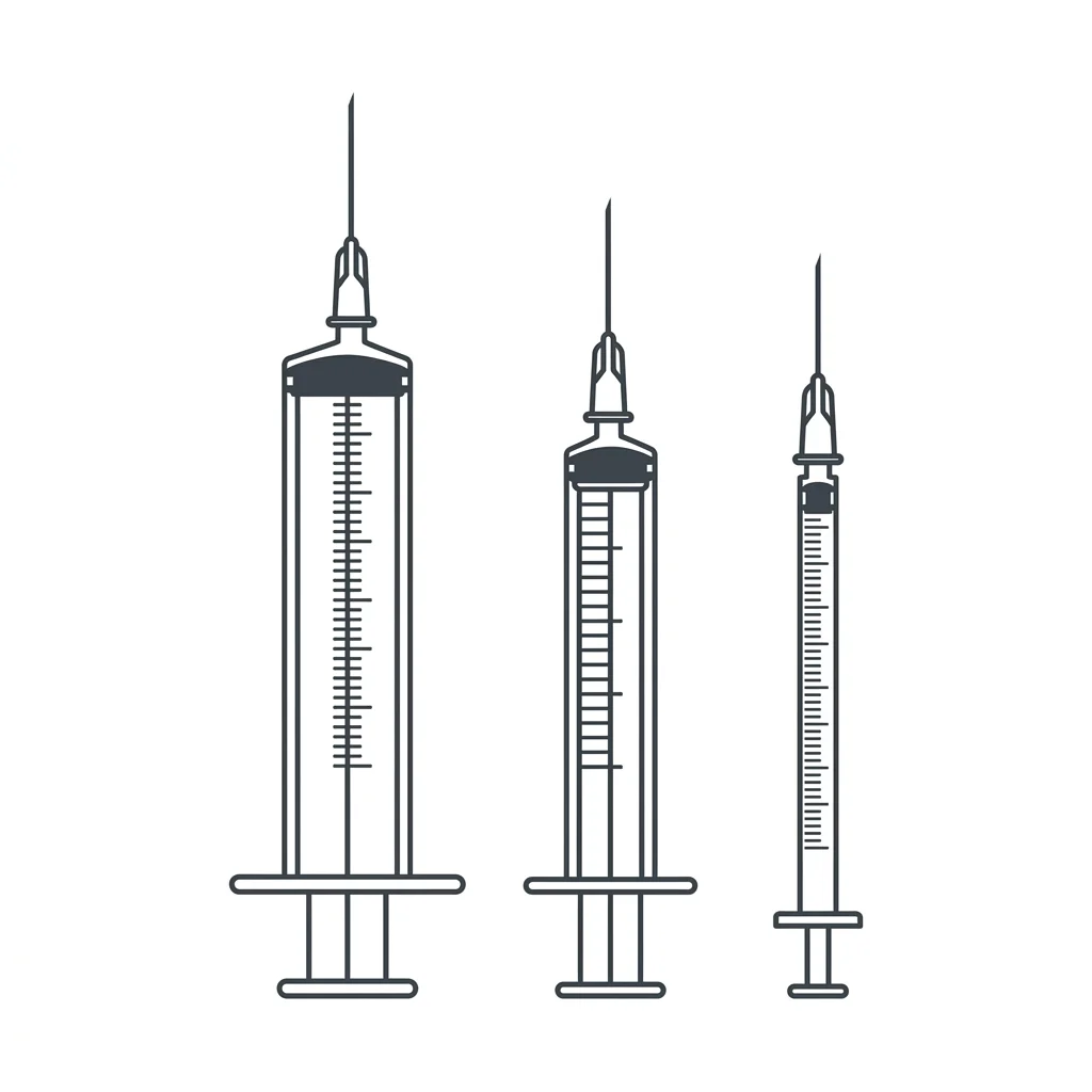 Comparison chart of three standard insulin syringe sizes: 1.0mL, 0.5mL, and 0.3mL, showing their graduation marks and tick volumes