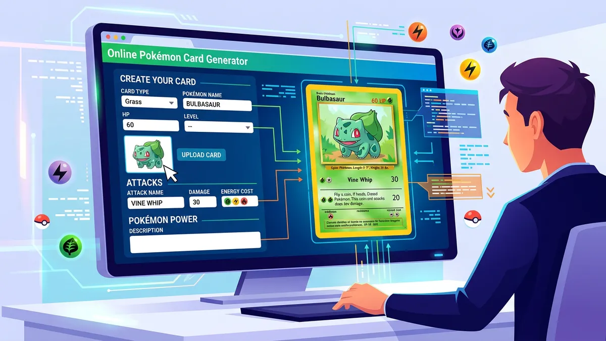 Pokemon Card Generator showing PokeAPI search with auto-populated card data
