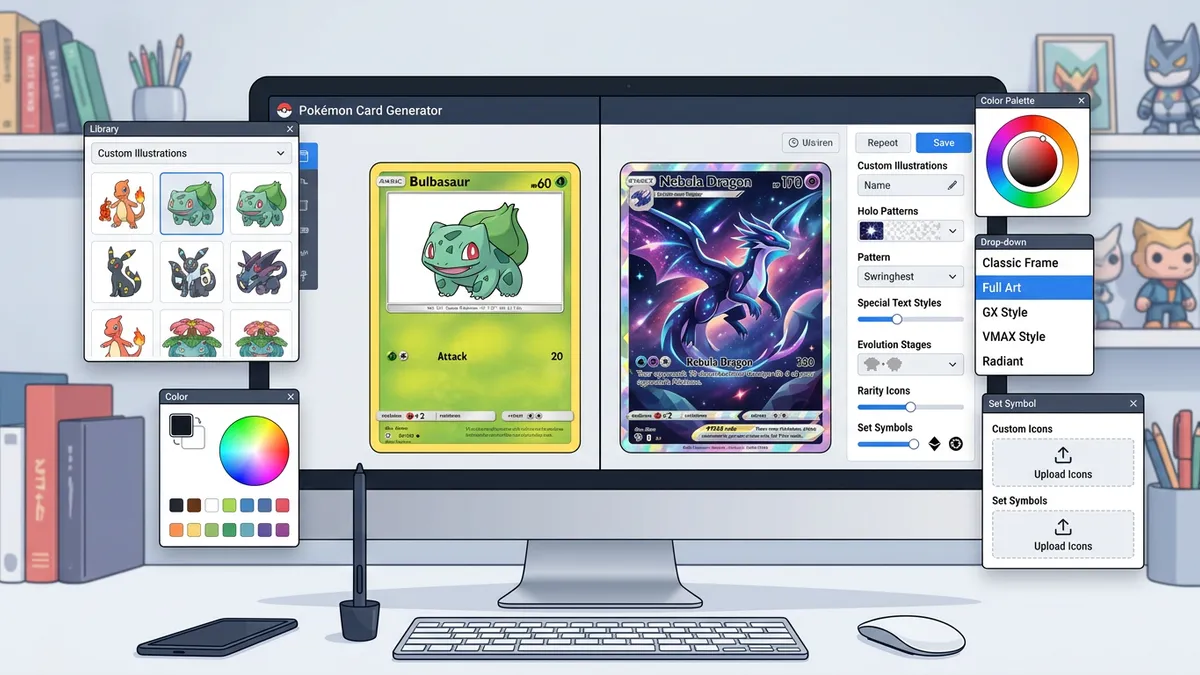 Pokemon Card Generator customization sidebar showing all editable fields