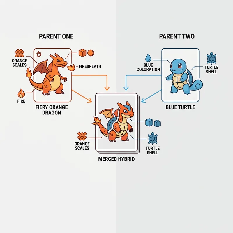 Pokémon Fusion Generator diagram showing Parent One dragon and Parent Two turtle blending into a Merged Hybrid card
