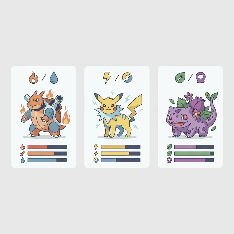 Pokémon Fusion hybrid comparison cards showing three side-by-side examples with element icons