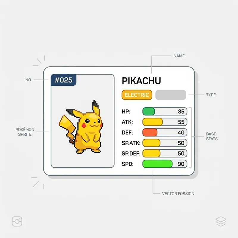 Pokémon Pokédex search interface displaying a stat card with base stat bars and type badges