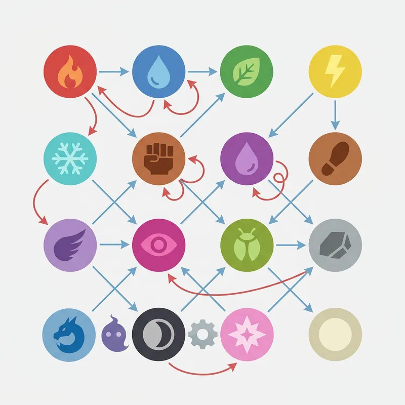 Pokémon type chart reference showing offensive and defensive matchup indicators