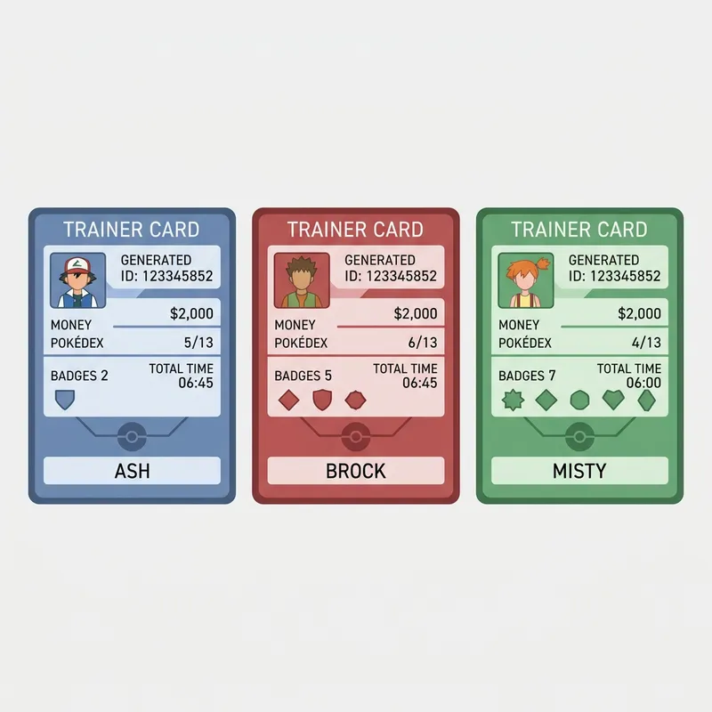 Pokémon Trainer Card examples showing different theme colors and badge configurations