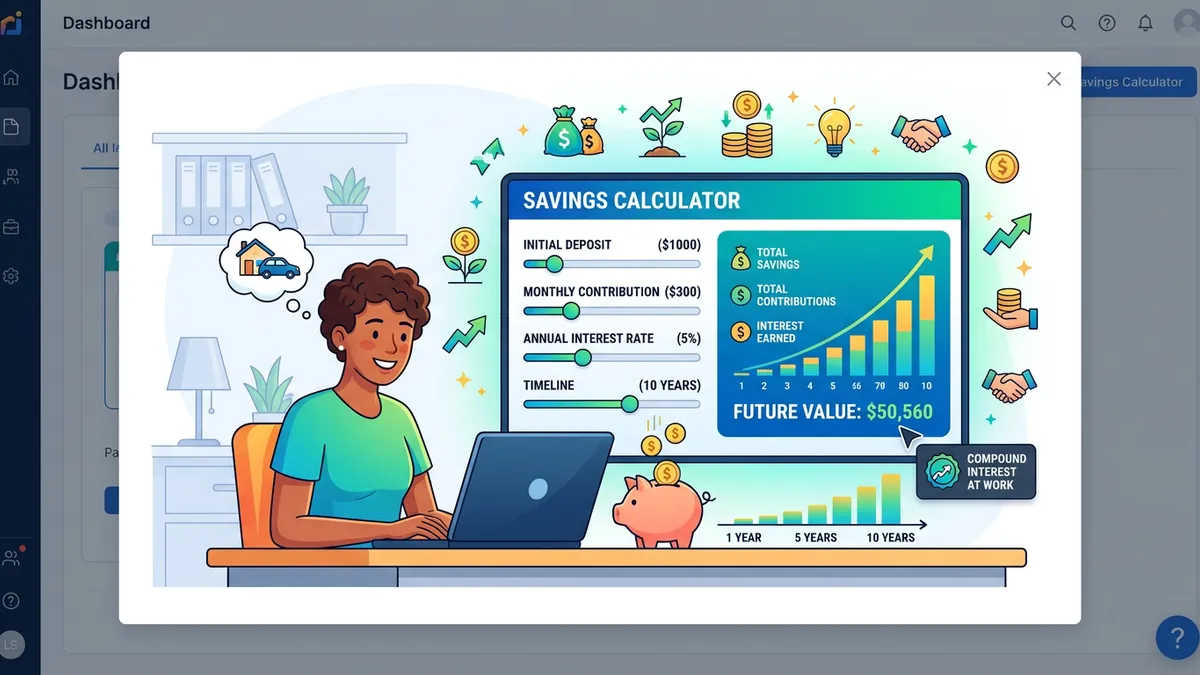 Compound interest growth curve showing exponential savings growth over 30 years compared to simple interest