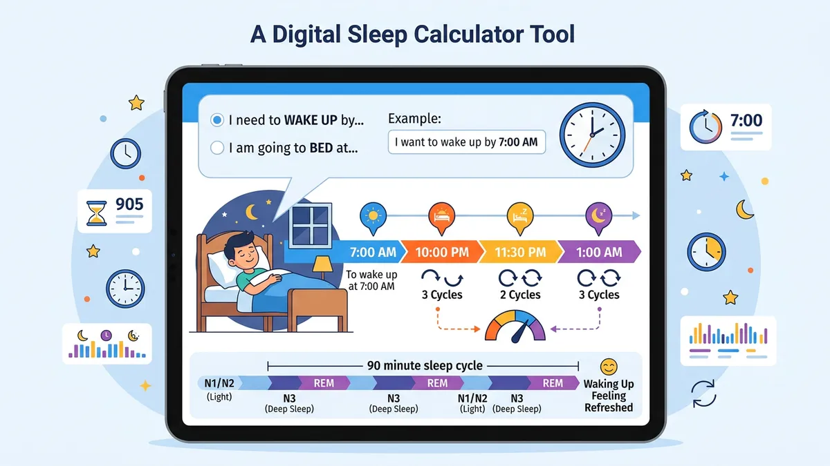 Sleep cycle diagram showing N1, N2, N3, and REM stages across a typical night of sleep