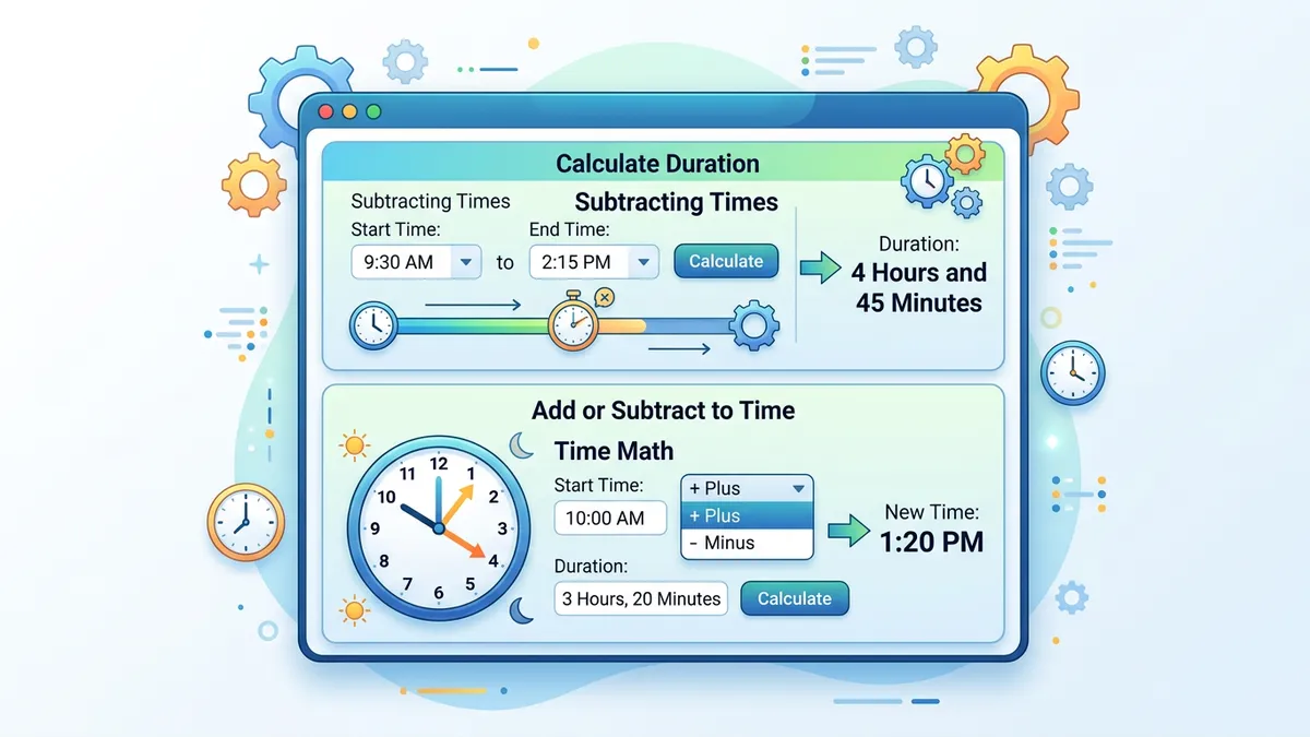 Time arithmetic example showing how base-60 time calculations work with hours, minutes, and seconds