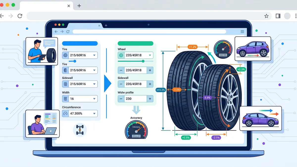 Tire size diagram showing section width, aspect ratio, wheel diameter, and overall diameter measurements