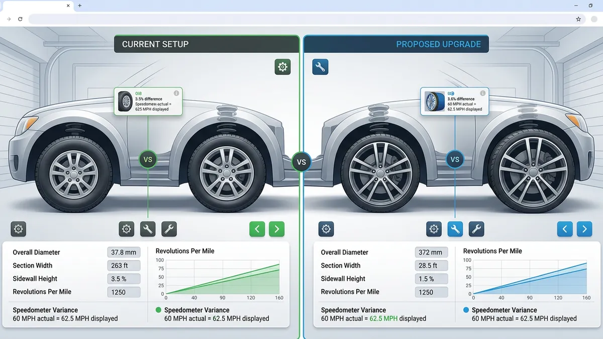 Plus-sizing tire comparison showing wheel and tire combinations maintaining overall diameter